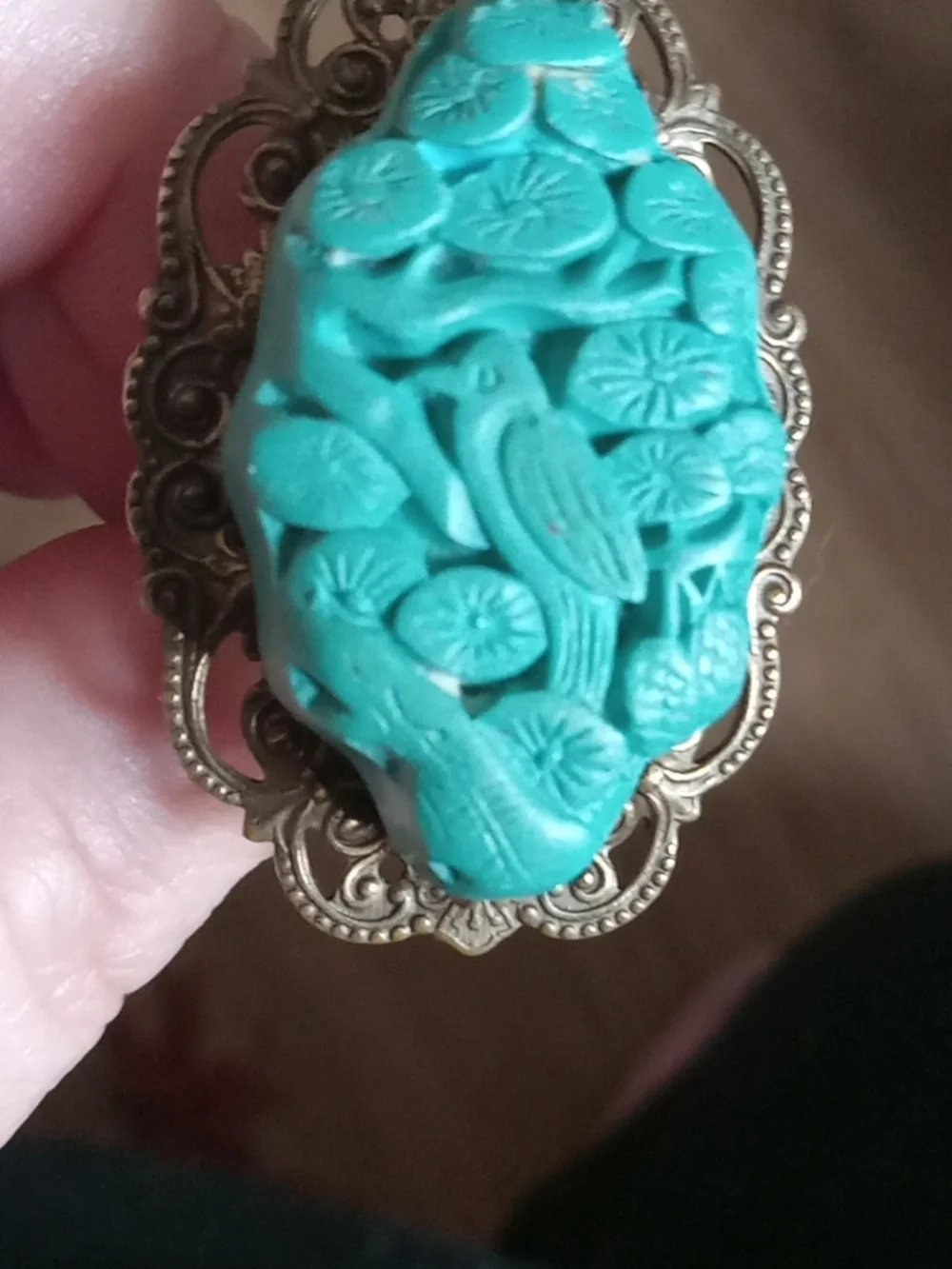 Jan Michaels Of San Francisco‎ Faux Turquoise Carved Bird Cameo Lace Bronze Ring